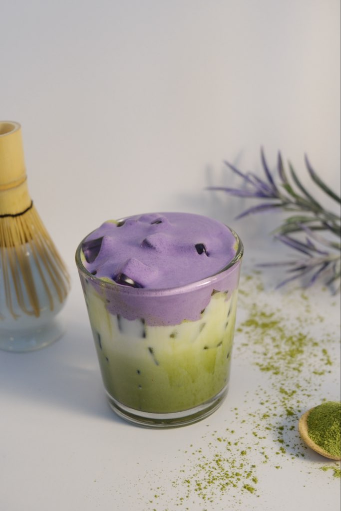 Matcha ube foam drink